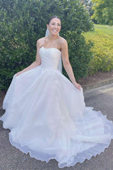 White Strapless Multi-Tiered A-Line Long Wedding Dress
